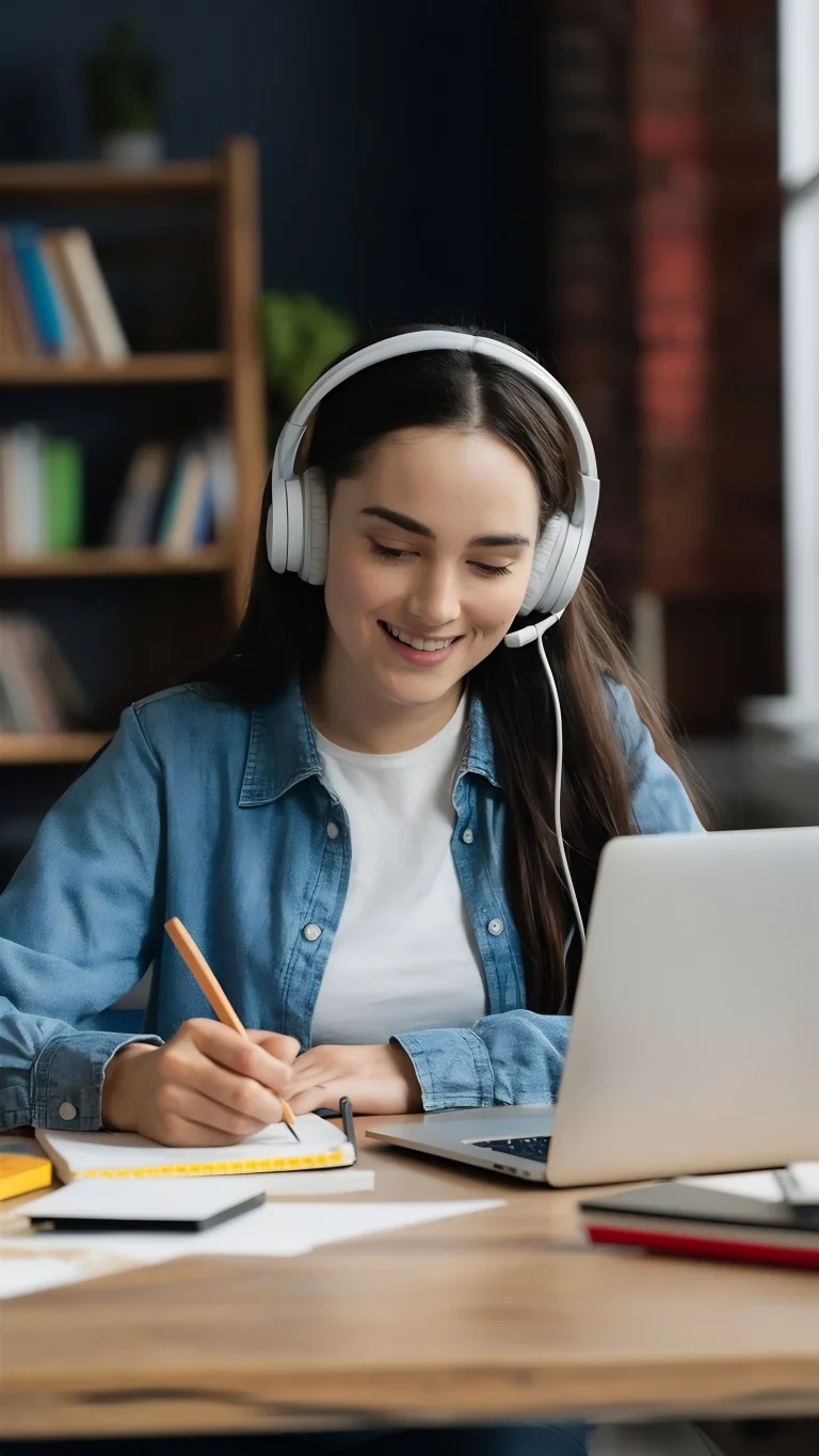busy-young-woman-university-student-wearing-headphones-using-laptop-elearning-writing-notes-studyin